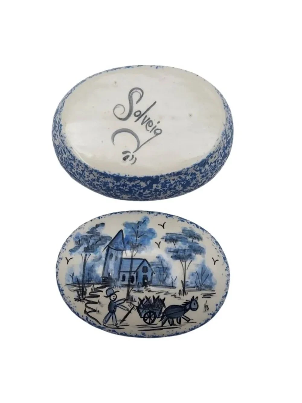 Solveig Blue Spongeware Splatterware Oval Trinket Box Lid Polish Pottery Vintage
